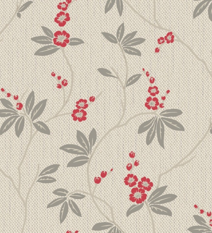 Papel pintado con flores sutiles rojas sobre un fondo trenzado de arpillera - Miranda Flowers 683369