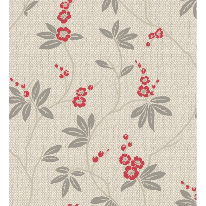 Papel pintado con flores sutiles rojas sobre un fondo trenzado de arpillera - Miranda Flowers 683369