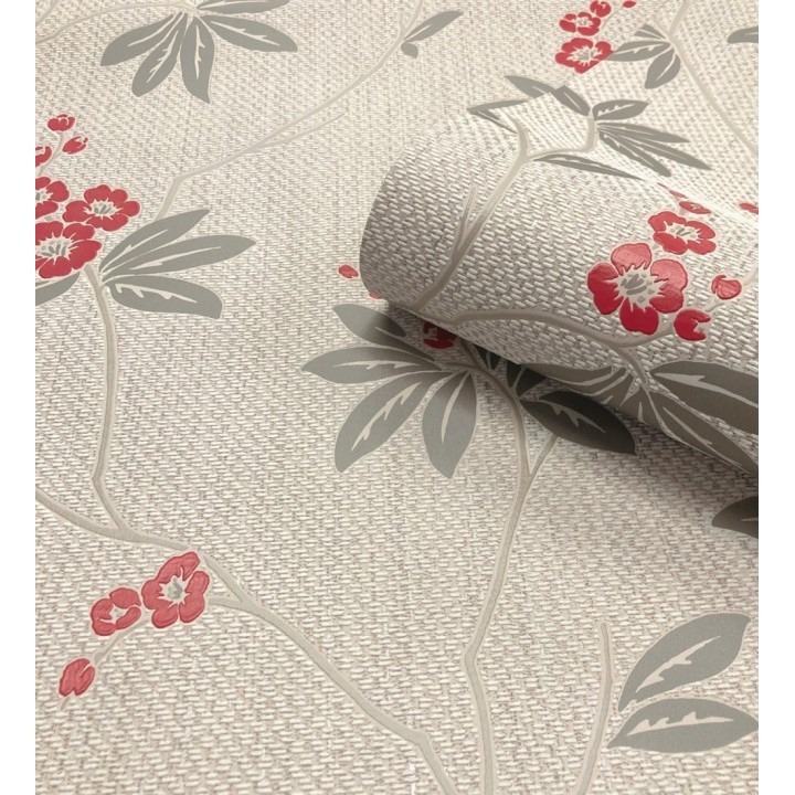 Papel pintado con flores sutiles rojas sobre un fondo trenzado de arpillera - Miranda Flowers 683369
