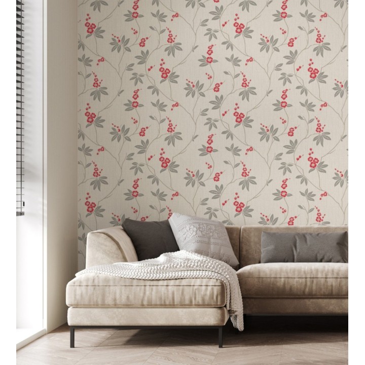 Papel pintado con flores sutiles rojas sobre un fondo trenzado de arpillera - Miranda Flowers 683369