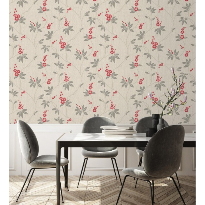 Papel pintado con flores sutiles rojas sobre un fondo trenzado de arpillera - Miranda Flowers 683369