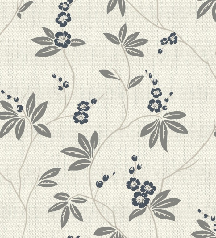 Papel pintado con flores sutiles azules sobre un fondo trenzado de arpillera - Miranda Flowers 683370