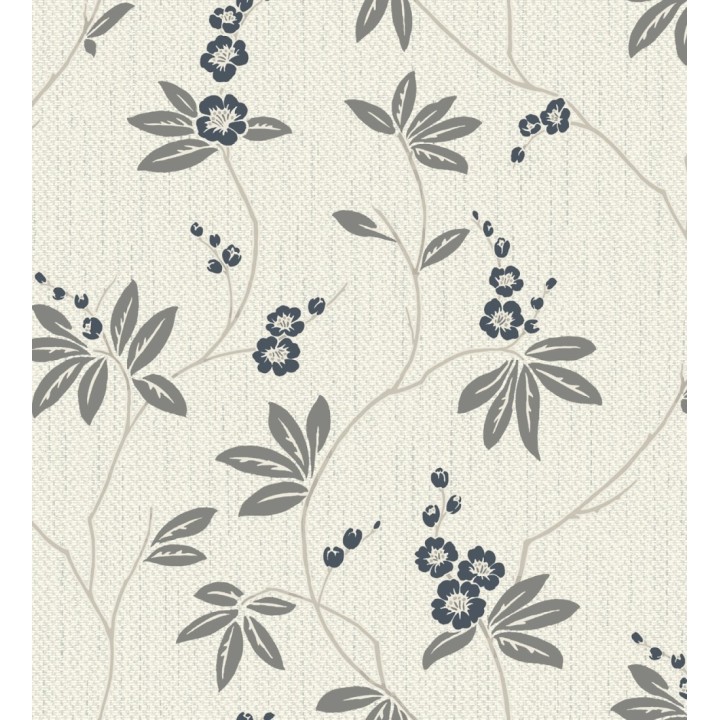 Papel pintado con flores sutiles azules sobre un fondo trenzado de arpillera - Miranda Flowers 683370