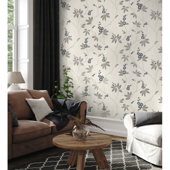 Papel pintado con flores sutiles azules sobre un fondo trenzado de arpillera - Miranda Flowers 683370