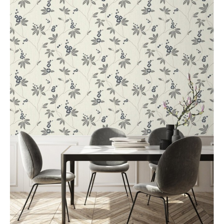 Papel pintado con flores sutiles azules sobre un fondo trenzado de arpillera - Miranda Flowers 683370