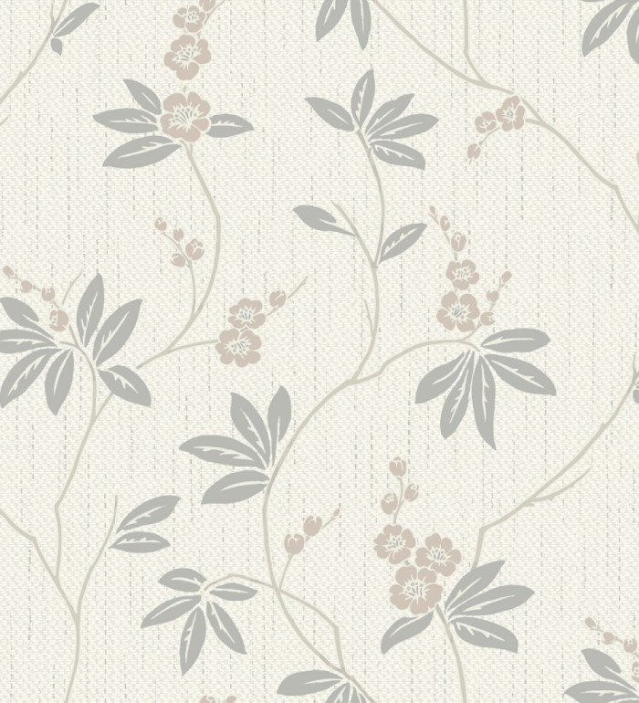 Papel pintado con flores sutiles beige sobre un fondo trenzado de arpillera - Miranda Flowers 683371