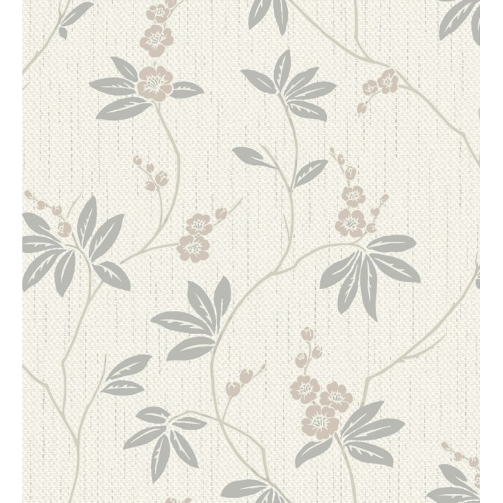 Papel pintado con flores sutiles beige sobre un fondo trenzado de arpillera - Miranda Flowers 683371