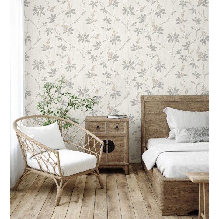 Papel pintado con flores sutiles beige sobre un fondo trenzado de arpillera - Miranda Flowers 683371