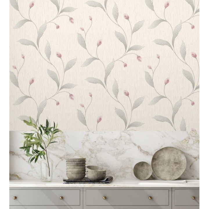 Papel pintado de flores color rosa con relieve bordado imitación textil  - Delicate Bloom 683372