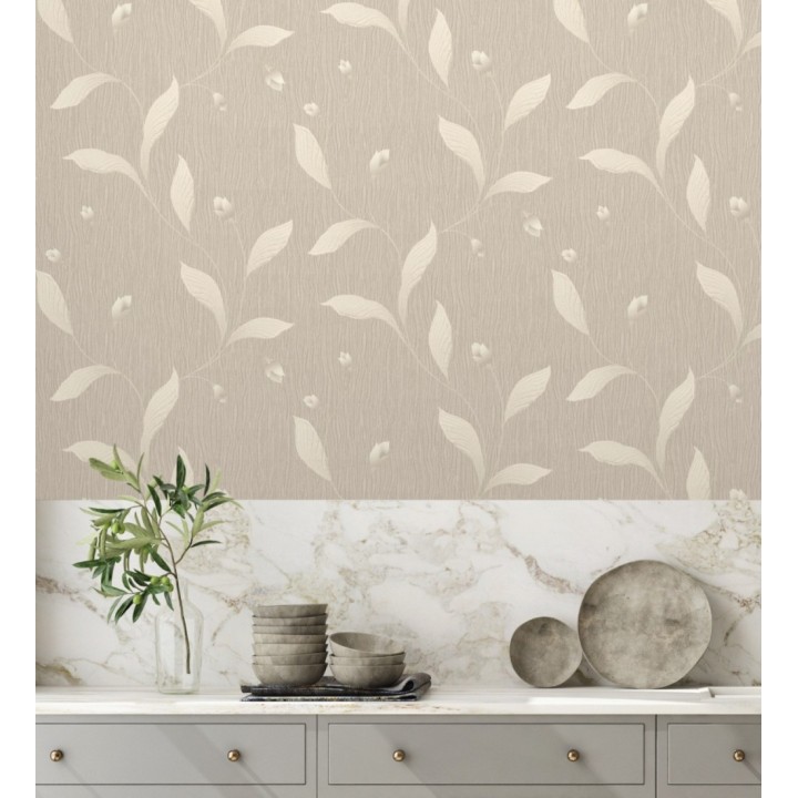 Papel pintado de flores color beige con relieve bordado imitación textil - Delicate Bloom 683373