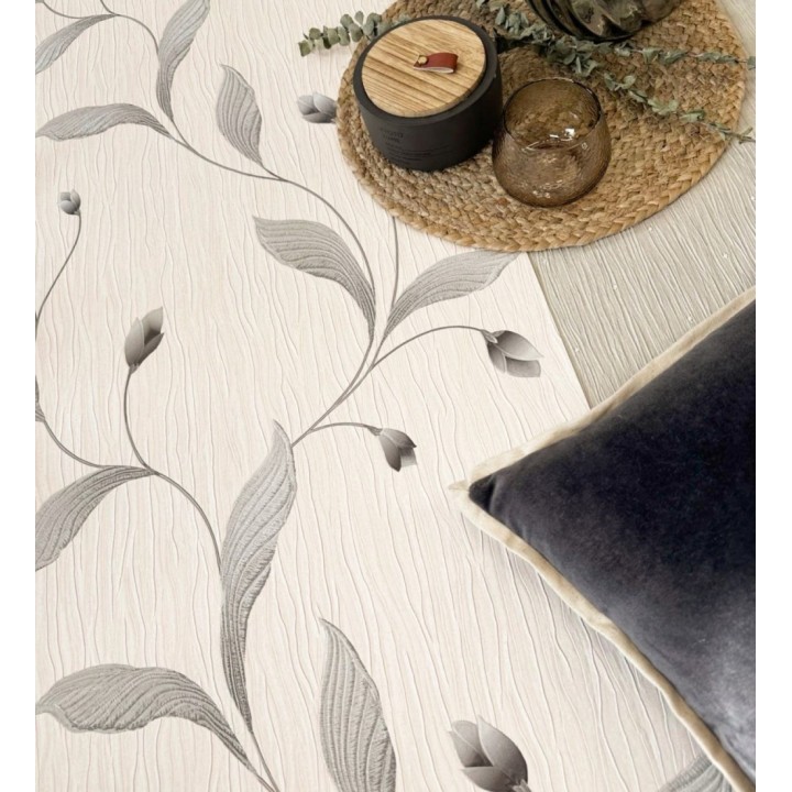 Papel pintado de flores color gris oscuro con relieve bordado imitación textil - Delicate Bloom 683374