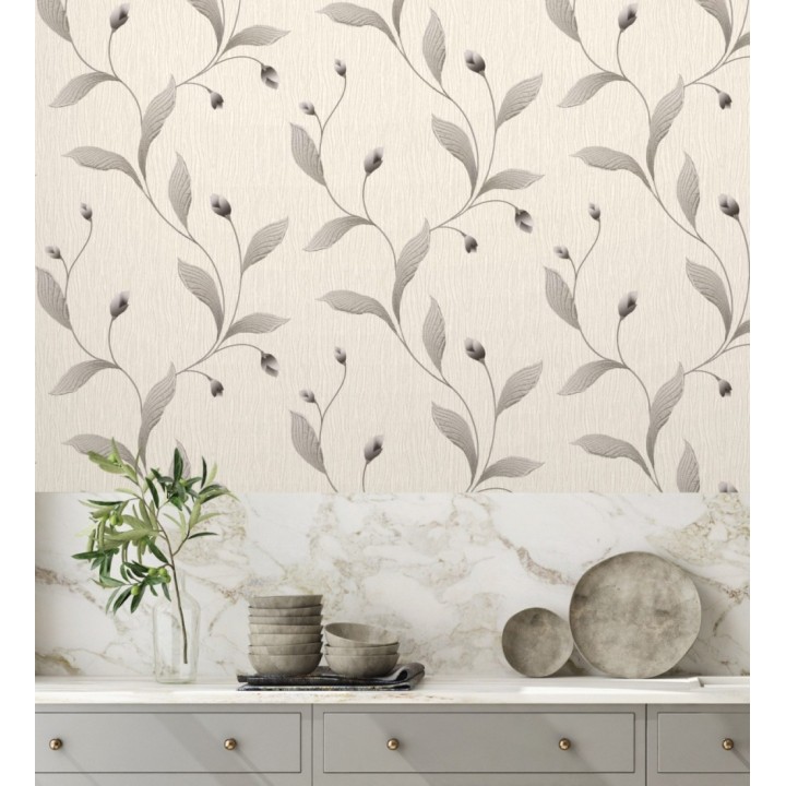 Papel pintado de flores color gris oscuro con relieve bordado imitación textil - Delicate Bloom 683374