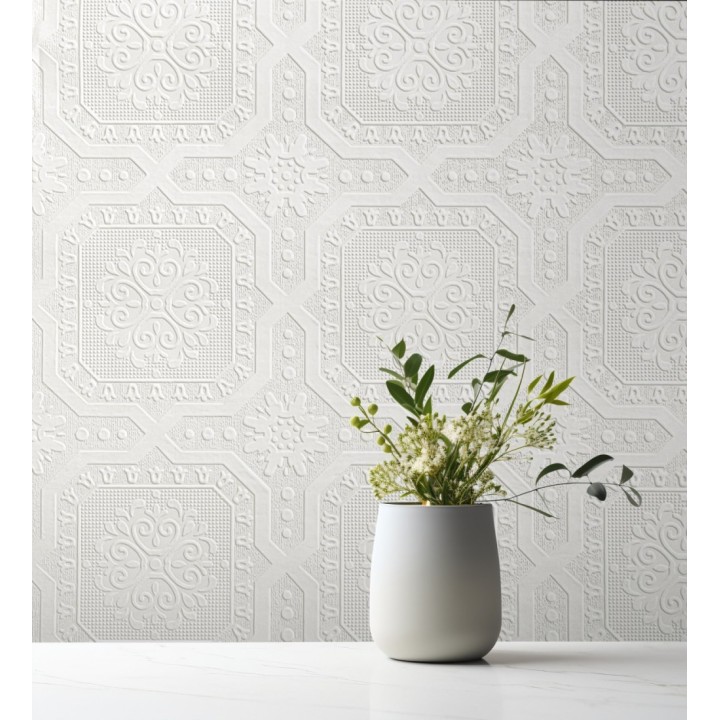 Papel pintado de medallones blancos repintables en relieve estilo victoriano - Victorian Lace 683384