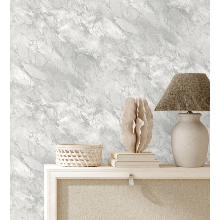 Papel pintado imitación mármol en tonos metalizados y gris claro - Quartz Haven 683387