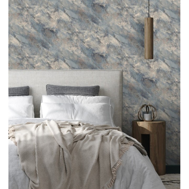 Papel pintado imitación mármol en tonos dorados y azules - Quartz Haven 683389