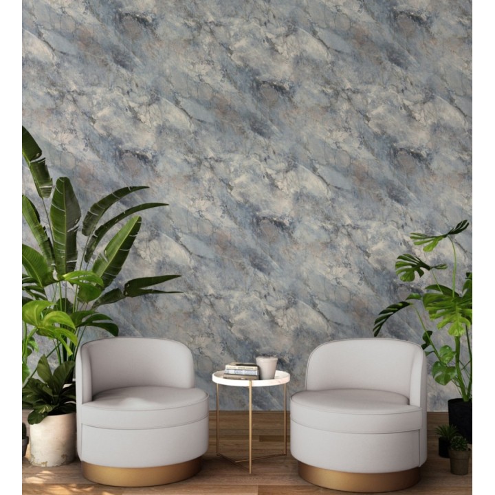 Papel pintado imitación mármol en tonos dorados y azules - Quartz Haven 683389