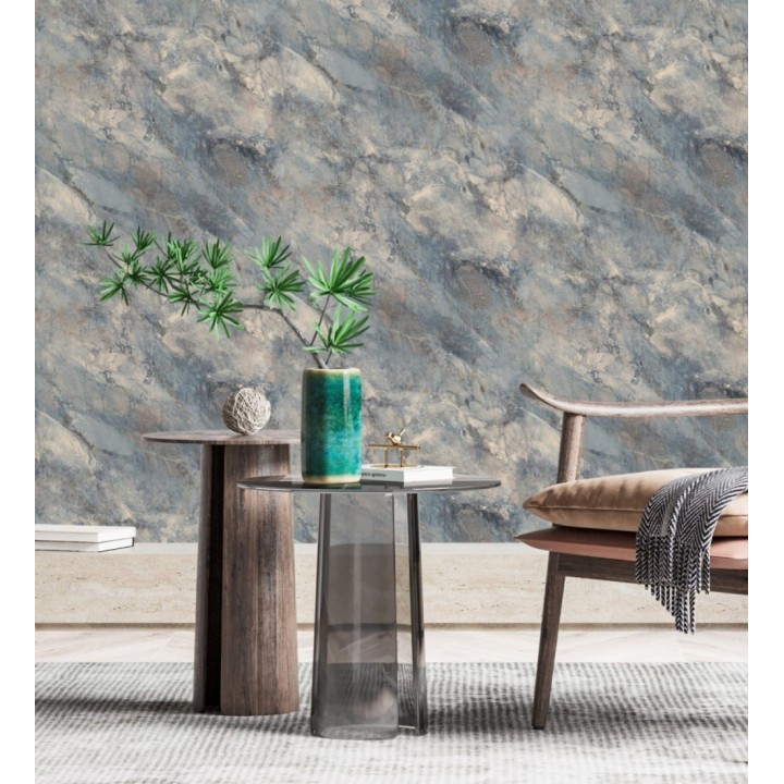 Papel pintado imitación mármol en tonos dorados y azules - Quartz Haven 683389