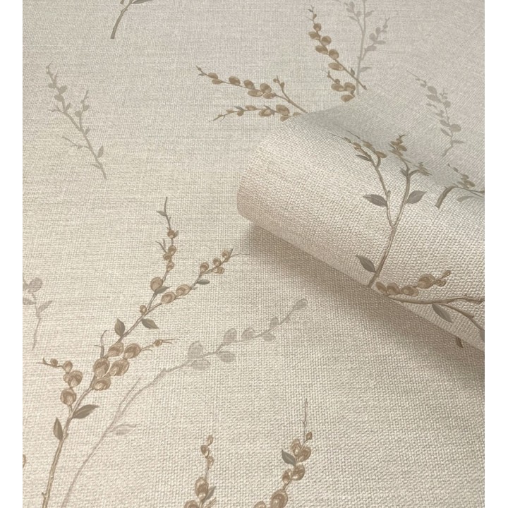 Papel pintado de rama de hojas estilo natural en fondo lino texturado - Harvest Whisper 683390