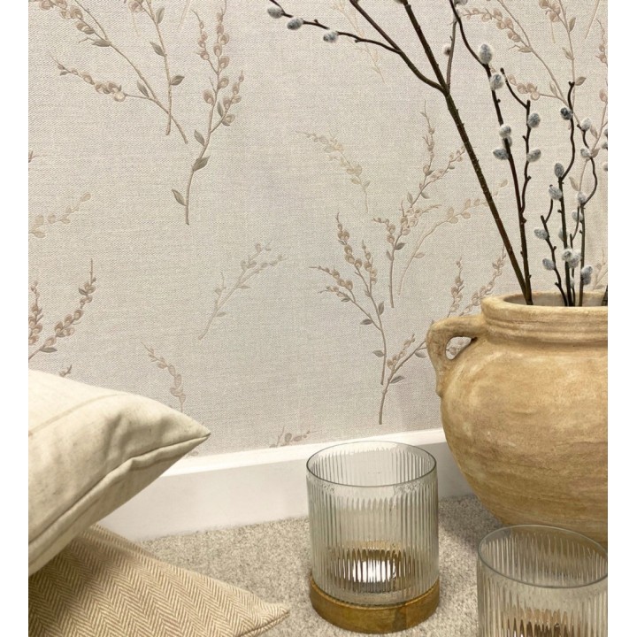 Papel pintado de rama de hojas estilo natural en fondo lino texturado - Harvest Whisper 683390