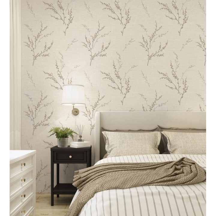 Papel pintado de rama de hojas estilo natural en fondo lino texturado - Harvest Whisper 683390