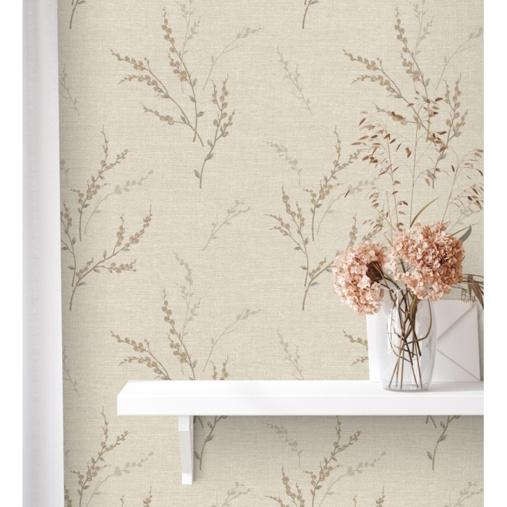 Papel pintado de rama de hojas estilo natural en fondo lino texturado - Harvest Whisper 683390