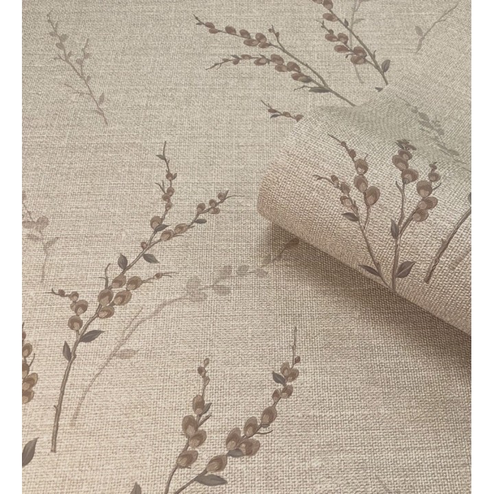 Papel pintado de rama de hojas estilo natural en fondo lino texturado - Harvest Whisper 683391