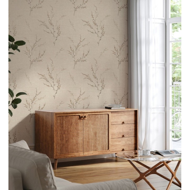 Papel pintado de rama de hojas estilo natural en fondo lino texturado - Harvest Whisper 683391