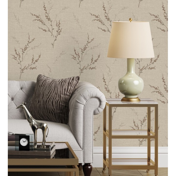 Papel pintado de rama de hojas estilo natural en fondo lino texturado - Harvest Whisper 683391