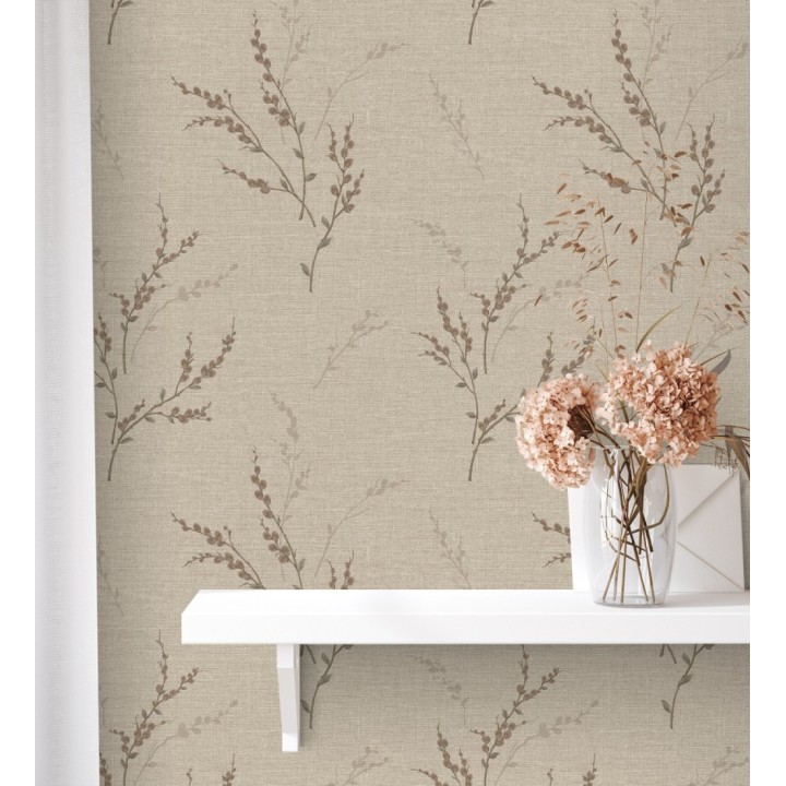 Papel pintado de rama de hojas estilo natural en fondo lino texturado - Harvest Whisper 683391