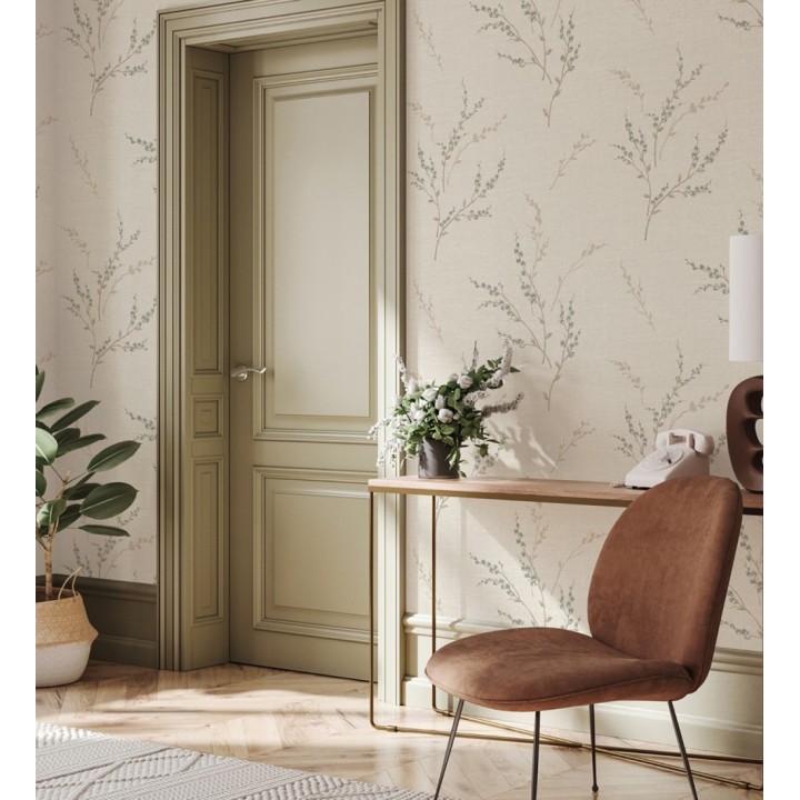 Papel pintado de rama de hojas estilo natural en fondo lino texturado - Harvest Whisper 683392