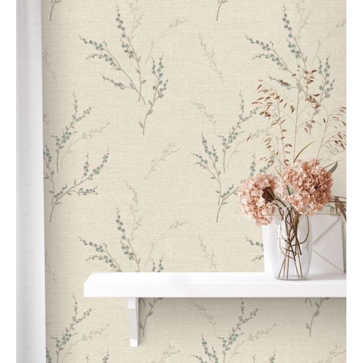 Papel pintado de rama de hojas estilo natural en fondo lino texturado - Harvest Whisper 683392