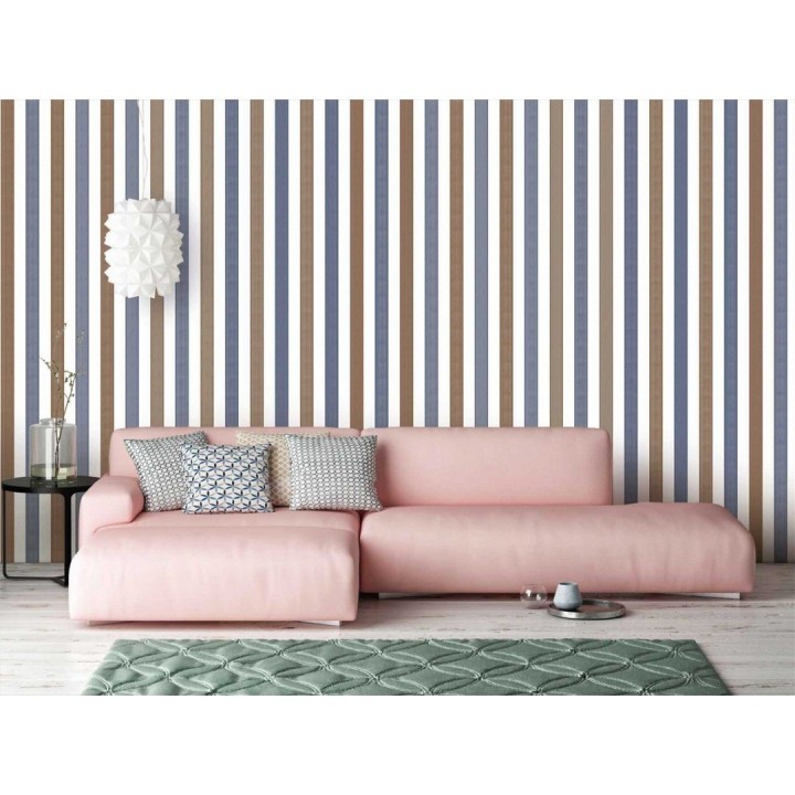 Papel pintado rayas modernas blanco, azul y marrón - Raya Messina 125859