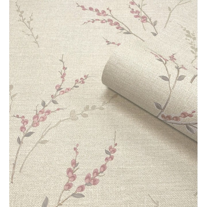 Papel pintado de rama de hojas estilo natural en fondo lino texturado - Harvest Whisper 683393