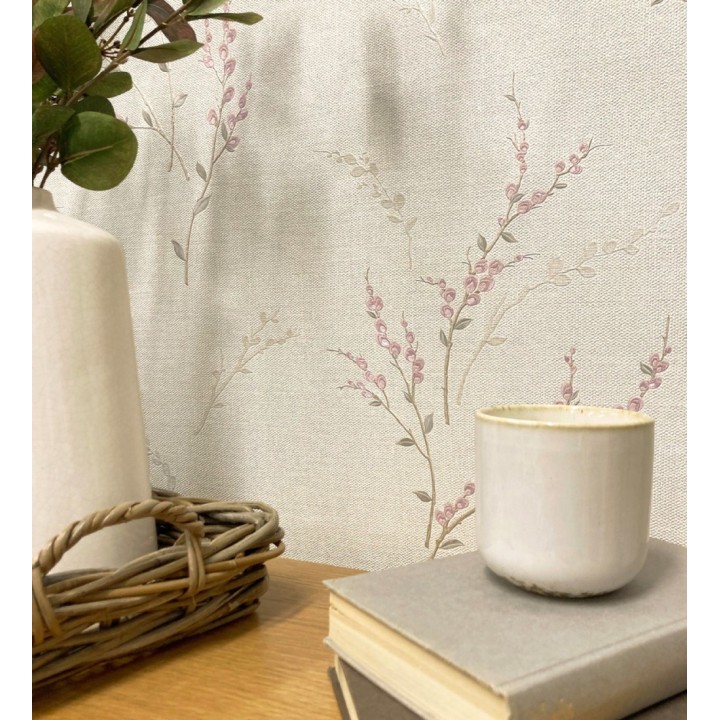 Papel pintado de rama de hojas estilo natural en fondo lino texturado - Harvest Whisper 683393