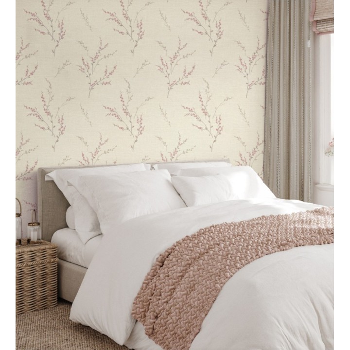 Papel pintado de rama de hojas estilo natural en fondo lino texturado - Harvest Whisper 683393