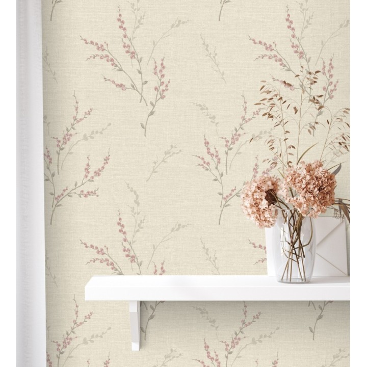 Papel pintado de rama de hojas estilo natural en fondo lino texturado - Harvest Whisper 683393