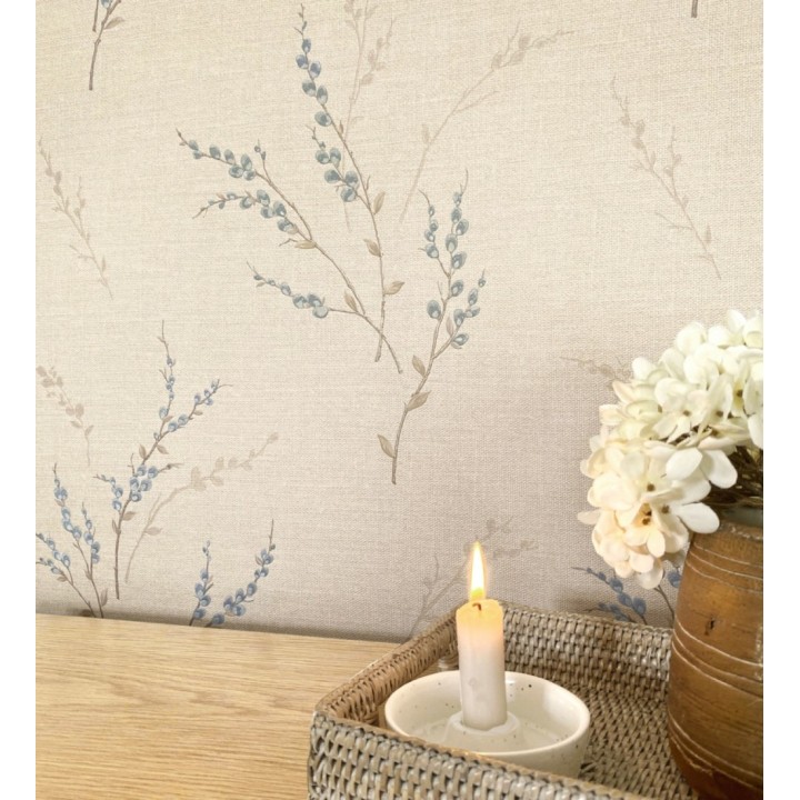 Papel pintado de rama de hojas estilo natural en fondo lino texturado - Harvest Whisper 683396