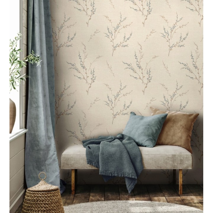 Papel pintado de rama de hojas estilo natural en fondo lino texturado - Harvest Whisper 683396