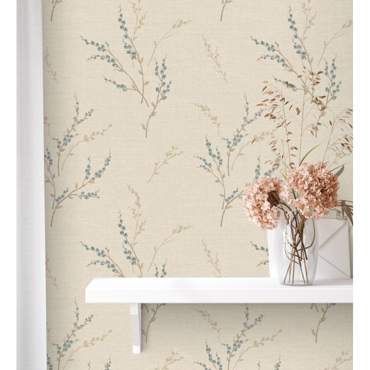 Papel pintado de rama de hojas estilo natural en fondo lino texturado - Harvest Whisper 683396