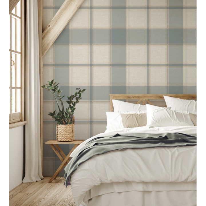 Papel pintado de cuadros escoceces en textura lino estilo natural - Scottish Harland 683397