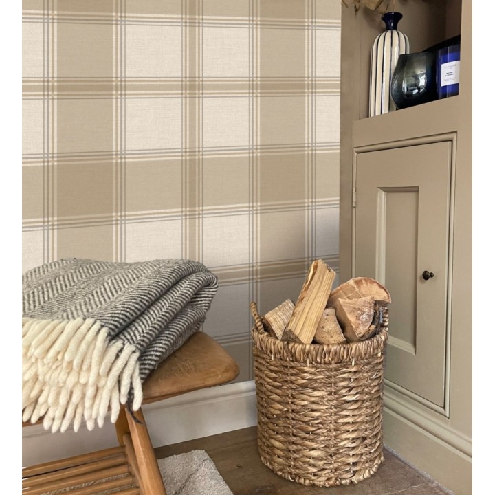 Papel pintado de cuadros escoceces en textura lino estilo natural - Scottish Harland 683398