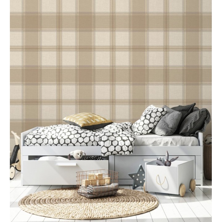 Papel pintado de cuadros escoceces en textura lino estilo natural - Scottish Harland 683398