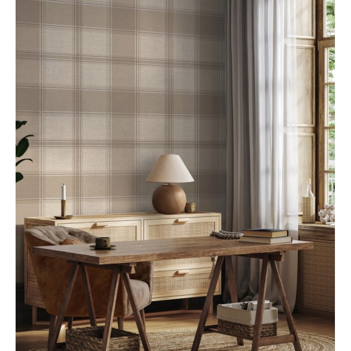 Papel pintado de cuadros escoceces en textura lino estilo natural - Scottish Harland 683400