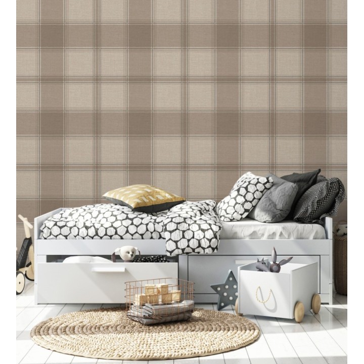 Papel pintado de cuadros escoceces en textura lino estilo natural - Scottish Harland 683400