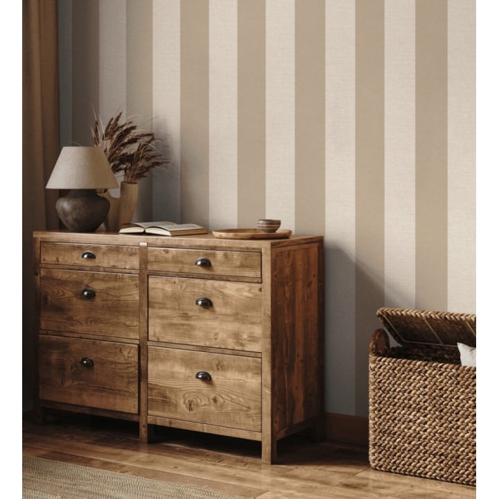 Papel pintado de rayas con textura lino estilo natural tonos ocre y beige - Harvest Stripe 683401