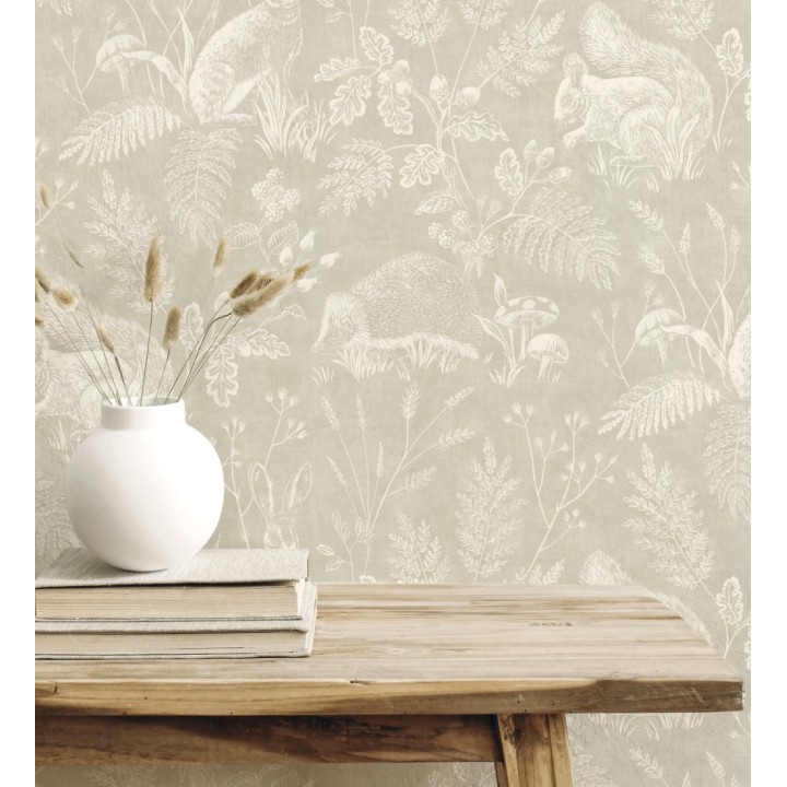 Papel pintado de animales y naturaleza estilo botánico tono beige - Hazel Grove 683407