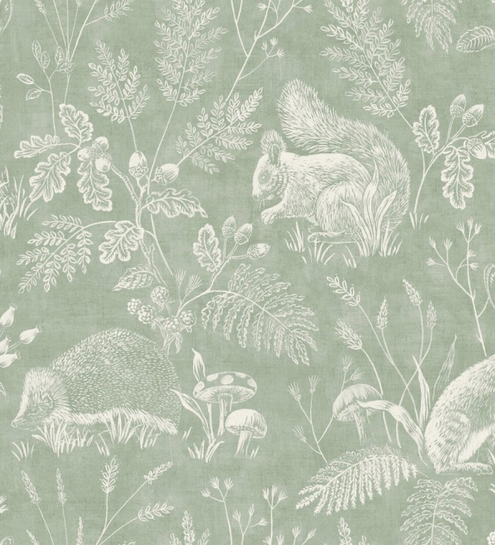 Papel pintado de animales y naturaleza estilo botánico tono verde - Hazel Grove 683408