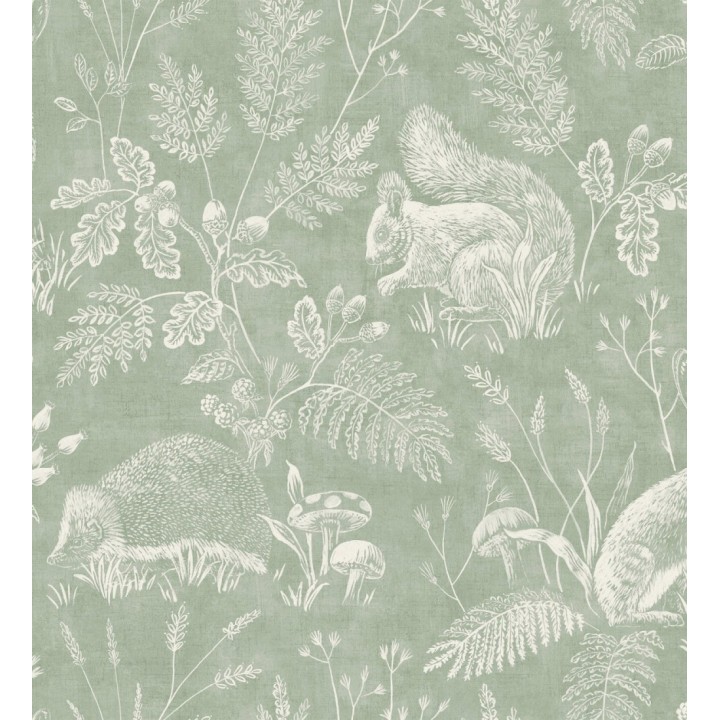 Papel pintado de animales y naturaleza estilo botánico tono verde - Hazel Grove 683408