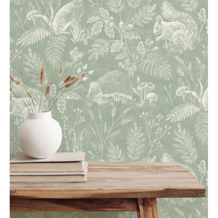 Papel pintado de animales y naturaleza estilo botánico tono verde - Hazel Grove 683408