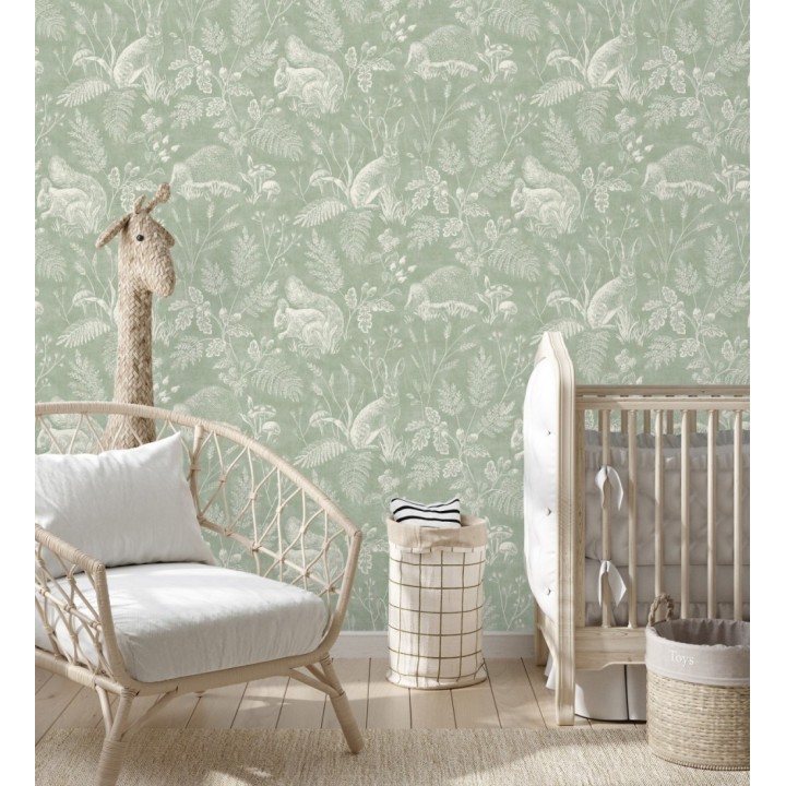 Papel pintado de animales y naturaleza estilo botánico tono verde - Hazel Grove 683408